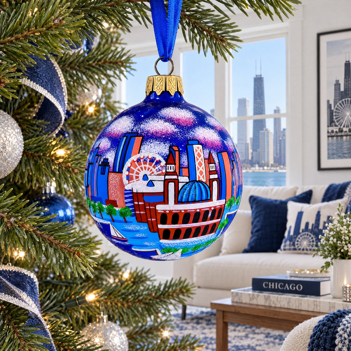 Navy Pier, Chicago, Illinois Glass Ball Christmas Ornament 3.25 Inches