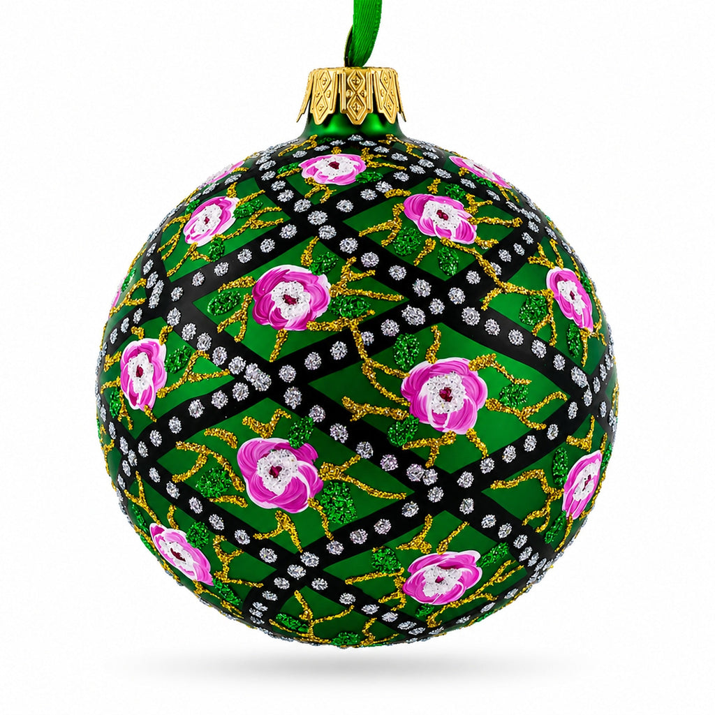 1907 Rose Trellis Royal Green Glass Ball Christmas Ornament 3.25 Inches