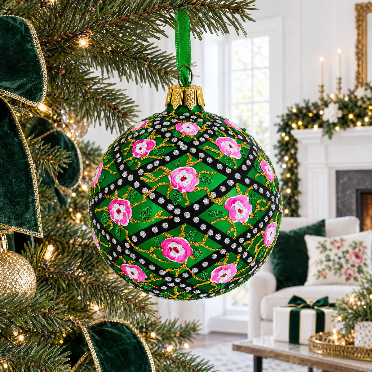 1907 Rose Trellis Royal Green Glass Ball Christmas Ornament 3.25 Inches