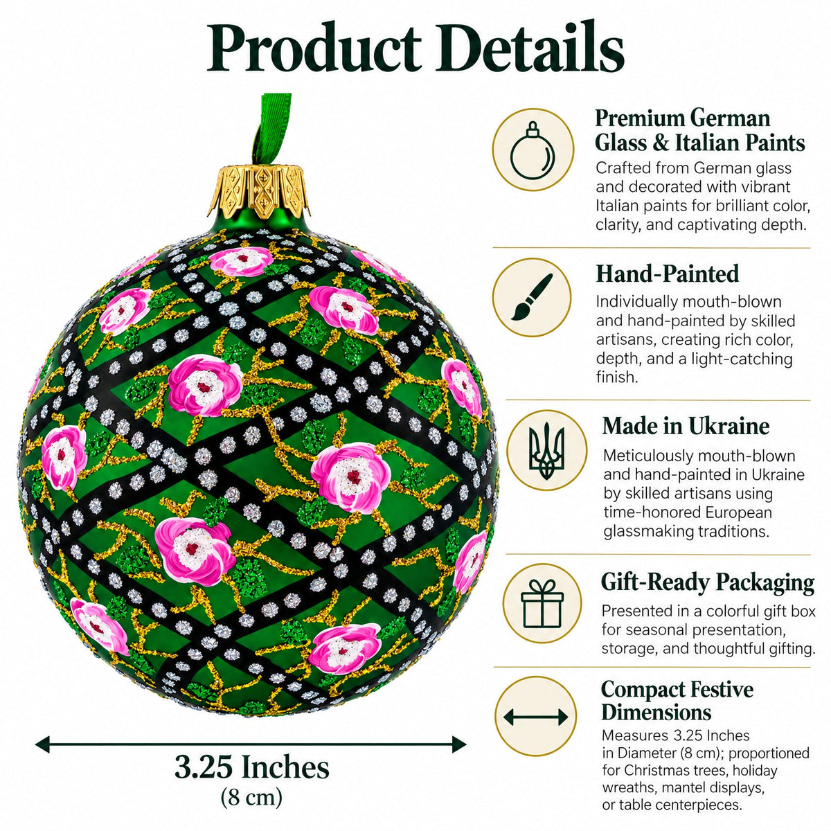 1907 Rose Trellis Royal Green Glass Ball Christmas Ornament 3.25 Inches