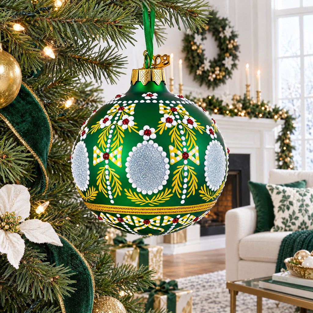 1908 Alexander Palace Royal Green Glass Ball Christmas Ornament 3.25 Inches