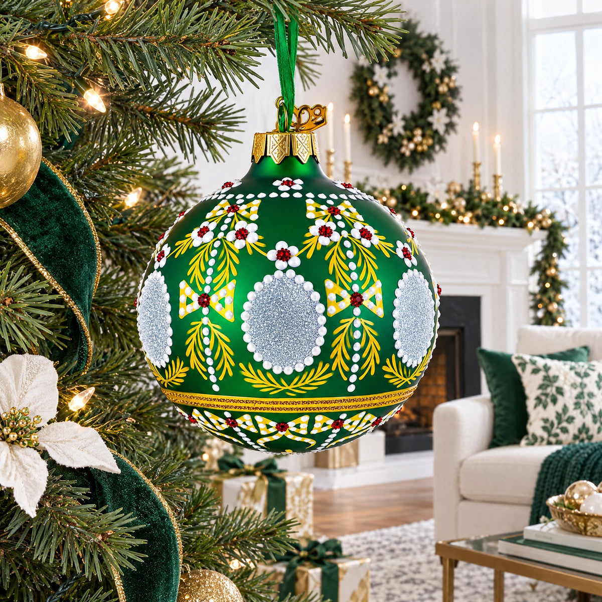 1908 Alexander Palace Royal Green Glass Ball Christmas Ornament 3.25 Inches