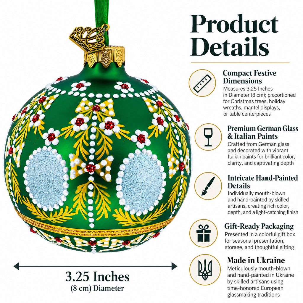 1908 Alexander Palace Royal Green Glass Ball Christmas Ornament 3.25 Inches