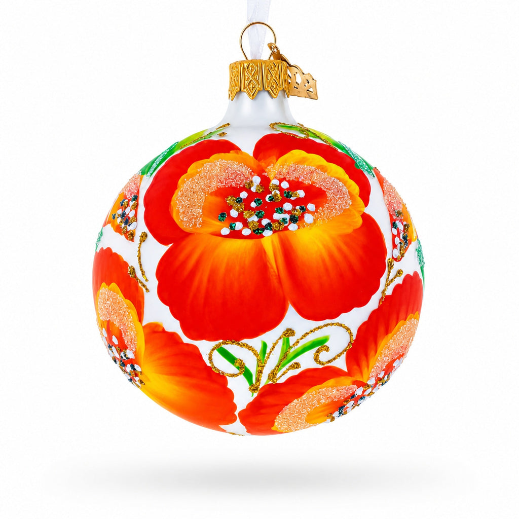 Poppy Flowers on White Glass Ball Christmas Ornament, 3.25 Inches