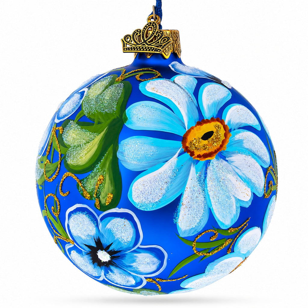 Daisy Flowers on Blue Glass Ball Christmas Ornament 3.25 Inches