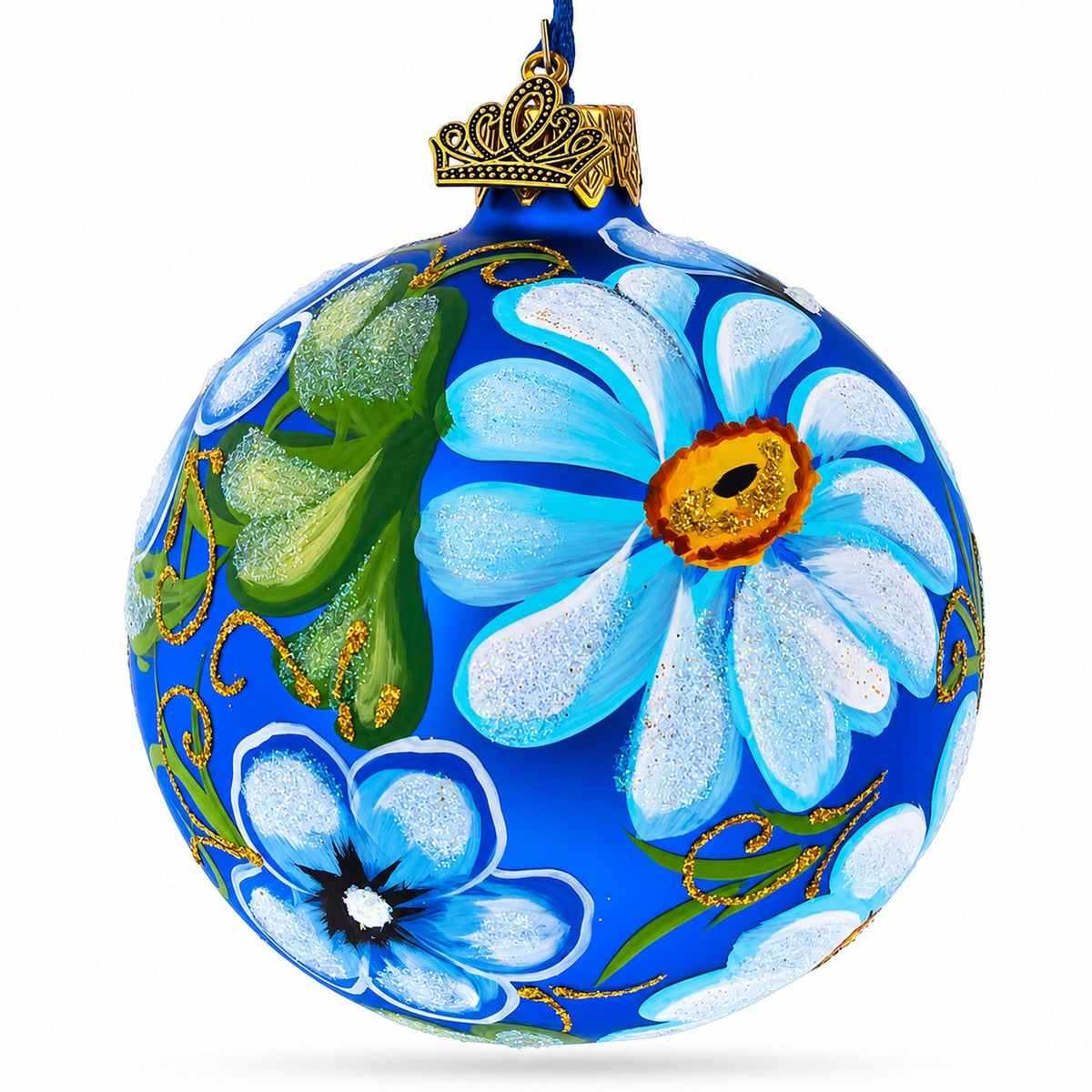 Daisy Flowers on Blue Glass Ball Christmas Ornament 3.25 Inches