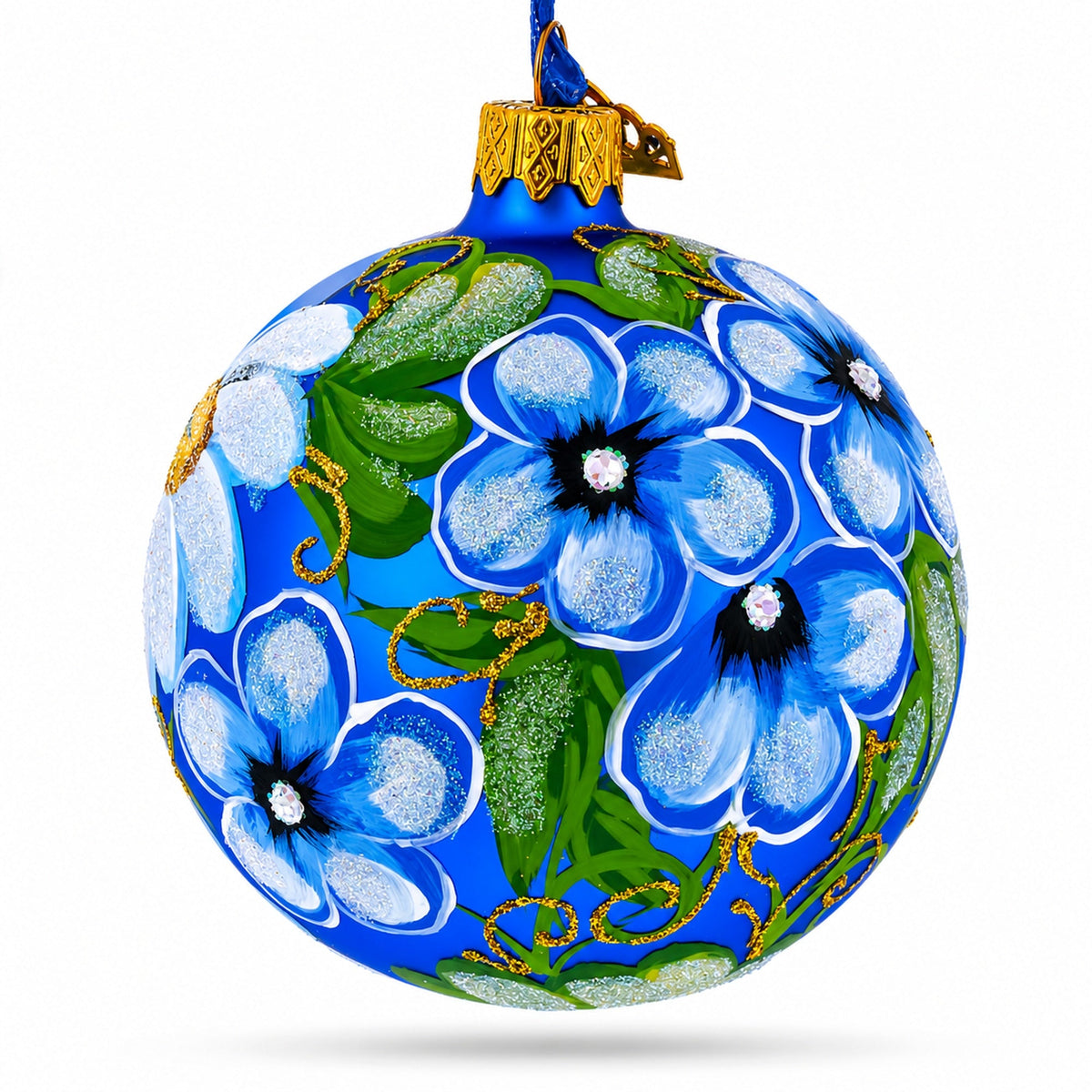 Daisy Flowers on Blue Glass Ball Christmas Ornament 3.25 Inches