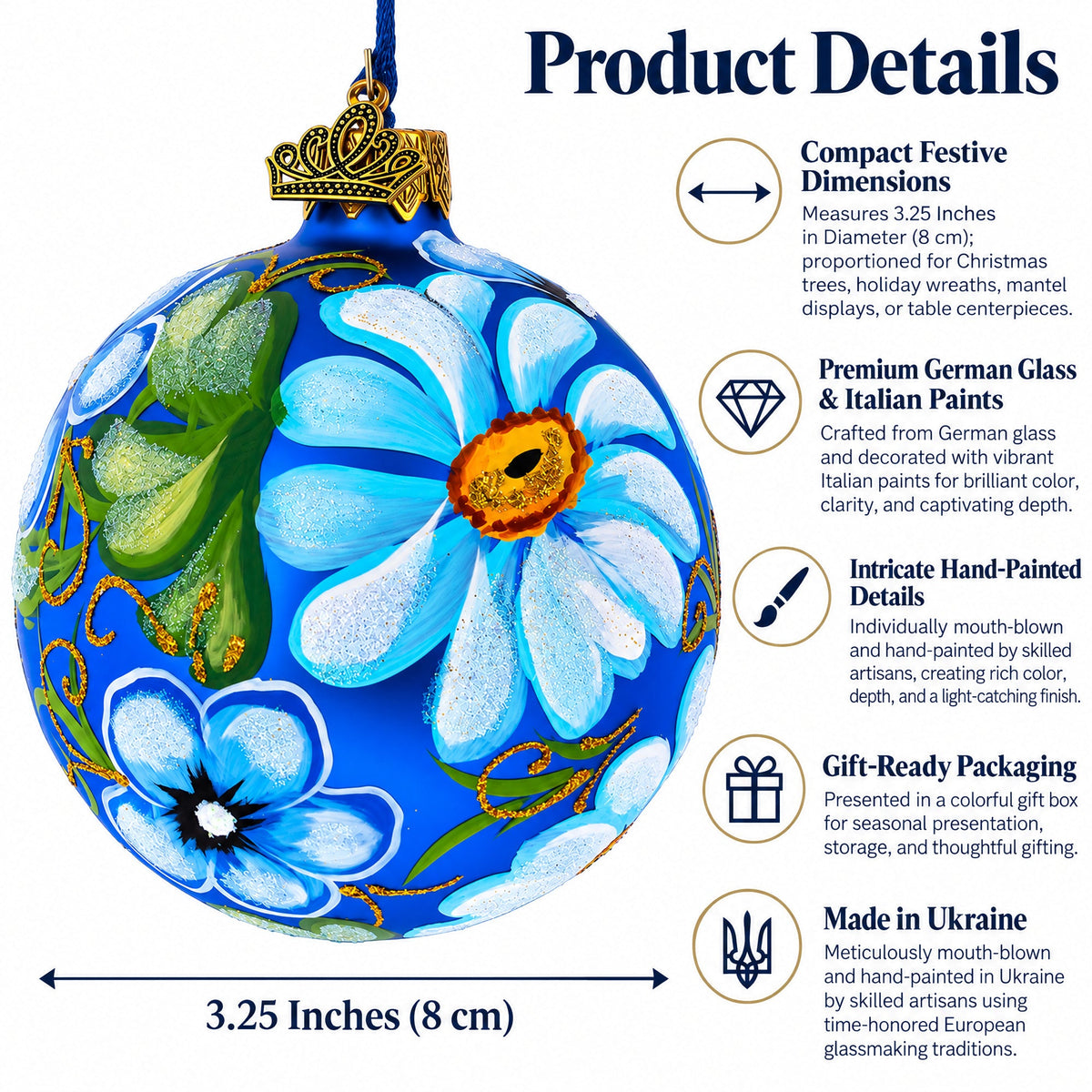 Daisy Flowers on Blue Glass Ball Christmas Ornament 3.25 Inches