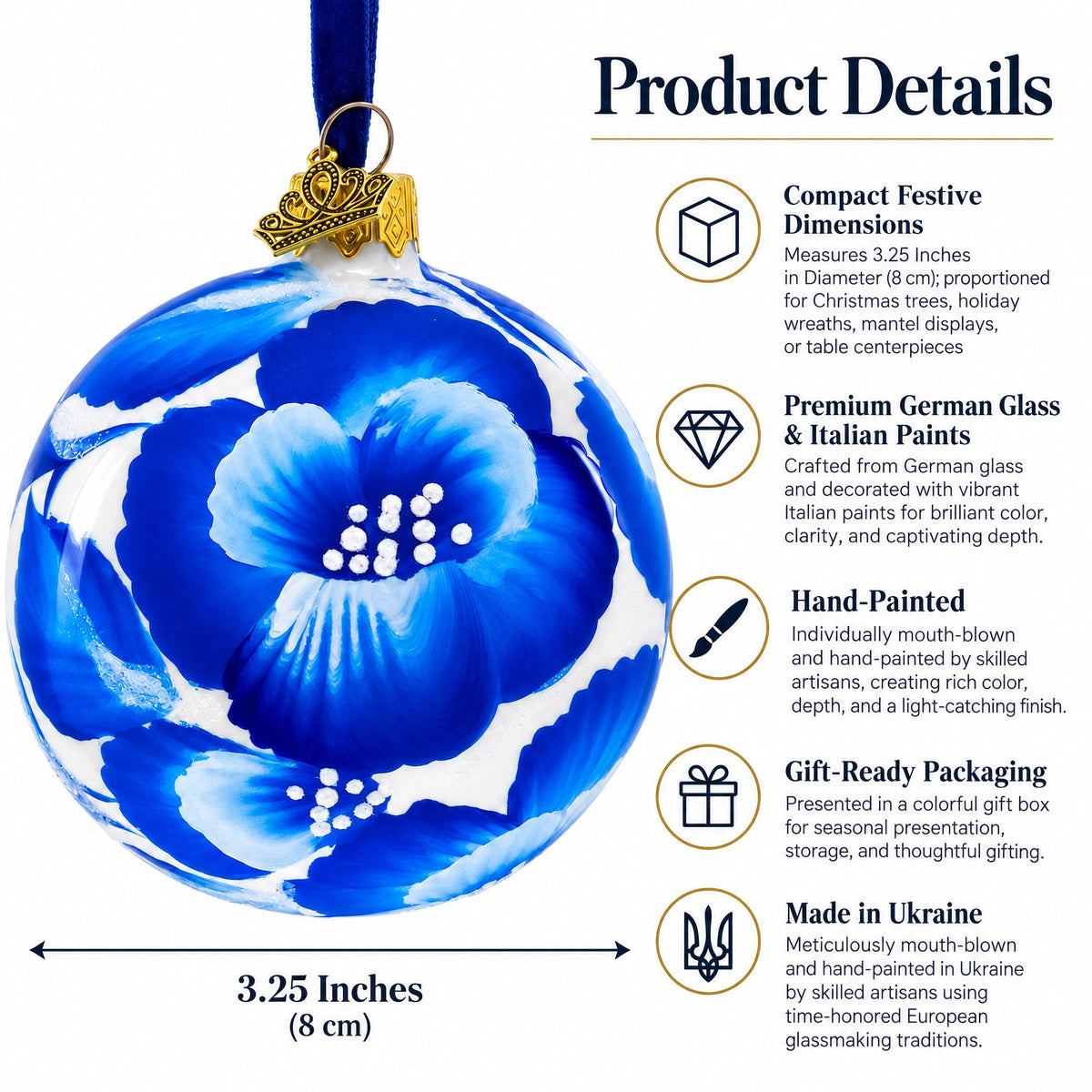 Pansies Flowers on White Glass Ball Christmas Ornament 3.25 Inches