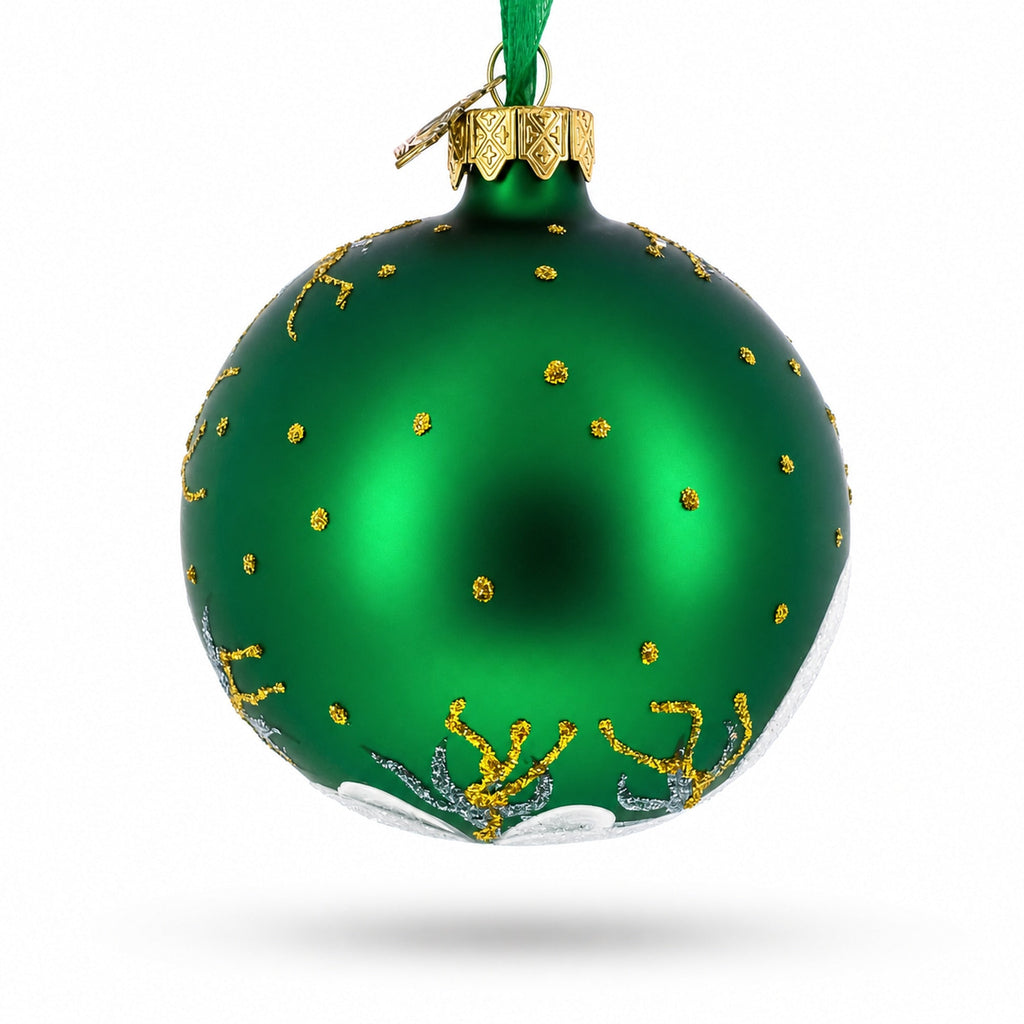 Blue Orchids on Verdant Green Glass Ball Christmas Ornament 3.25 Inches