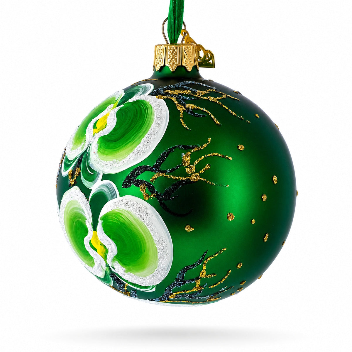 Green Orchid Elegance Glass Ball Christmas Ornament 3.25 Inches