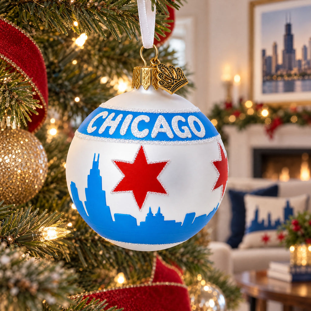 Chicago Flag Glass Ball Christmas Ornament 3.25 Inches