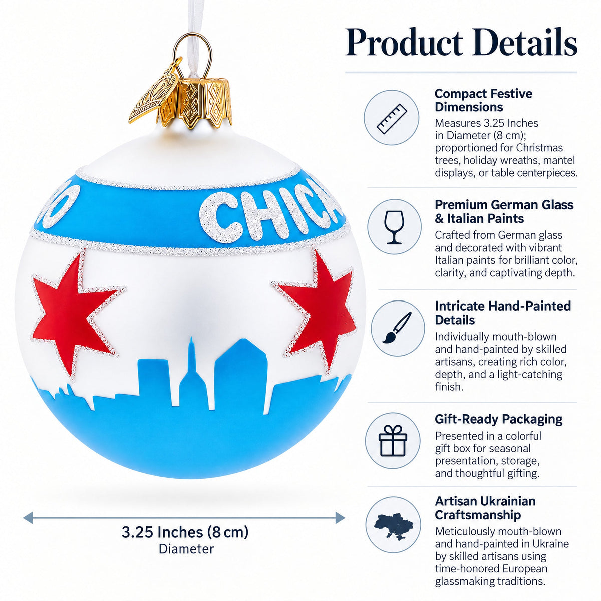 Chicago Flag Glass Ball Christmas Ornament 3.25 Inches