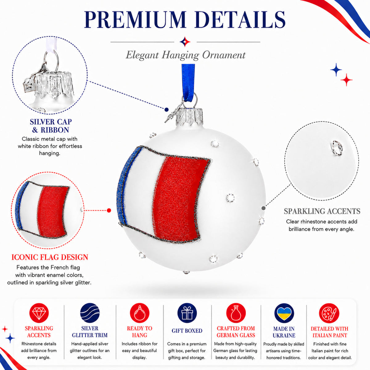 Flag of France Glass Ball Christmas Ornament 3.25 Inches