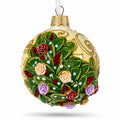Embossed Roses Bouquet on Pristine White Glass Ball Christmas Ornament 3.25 Inches