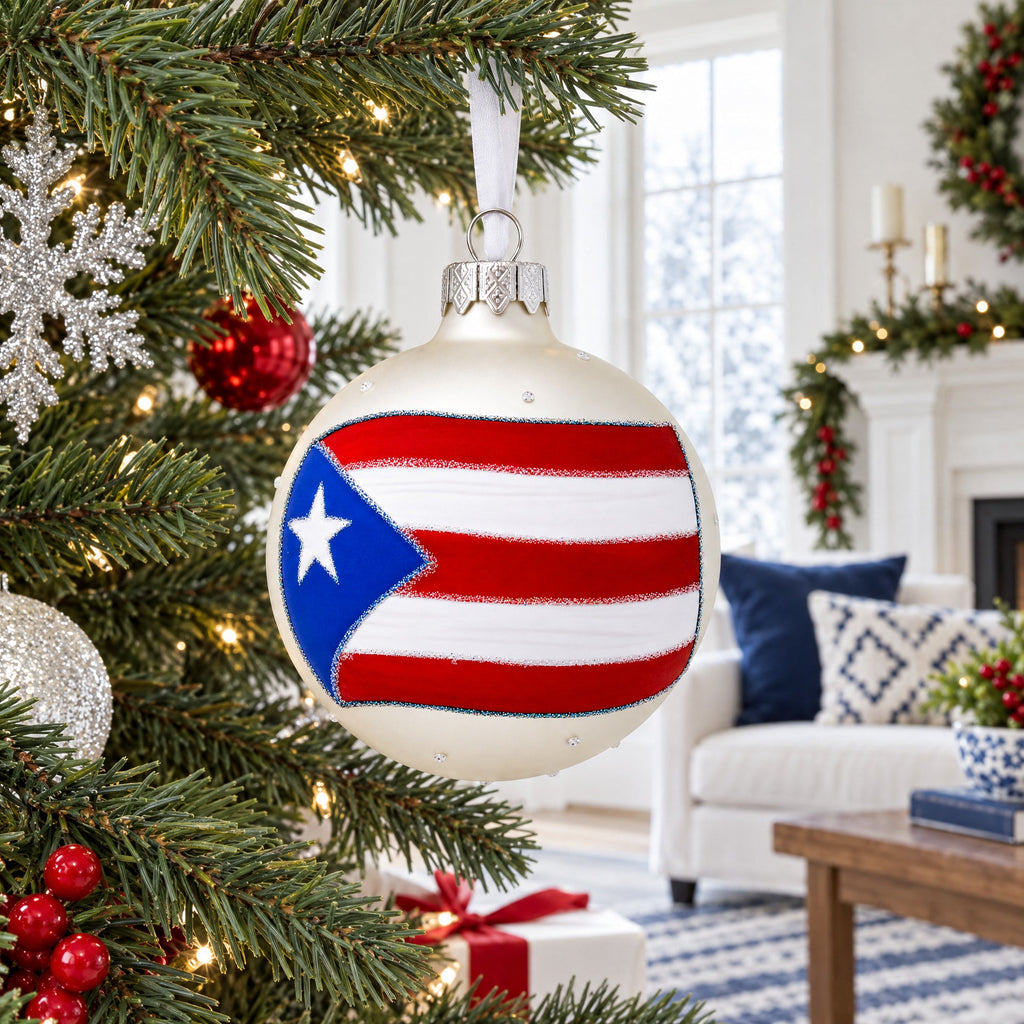 Flag of Puerto Rico Glass Ball Christmas Ornament 3.25 Inches