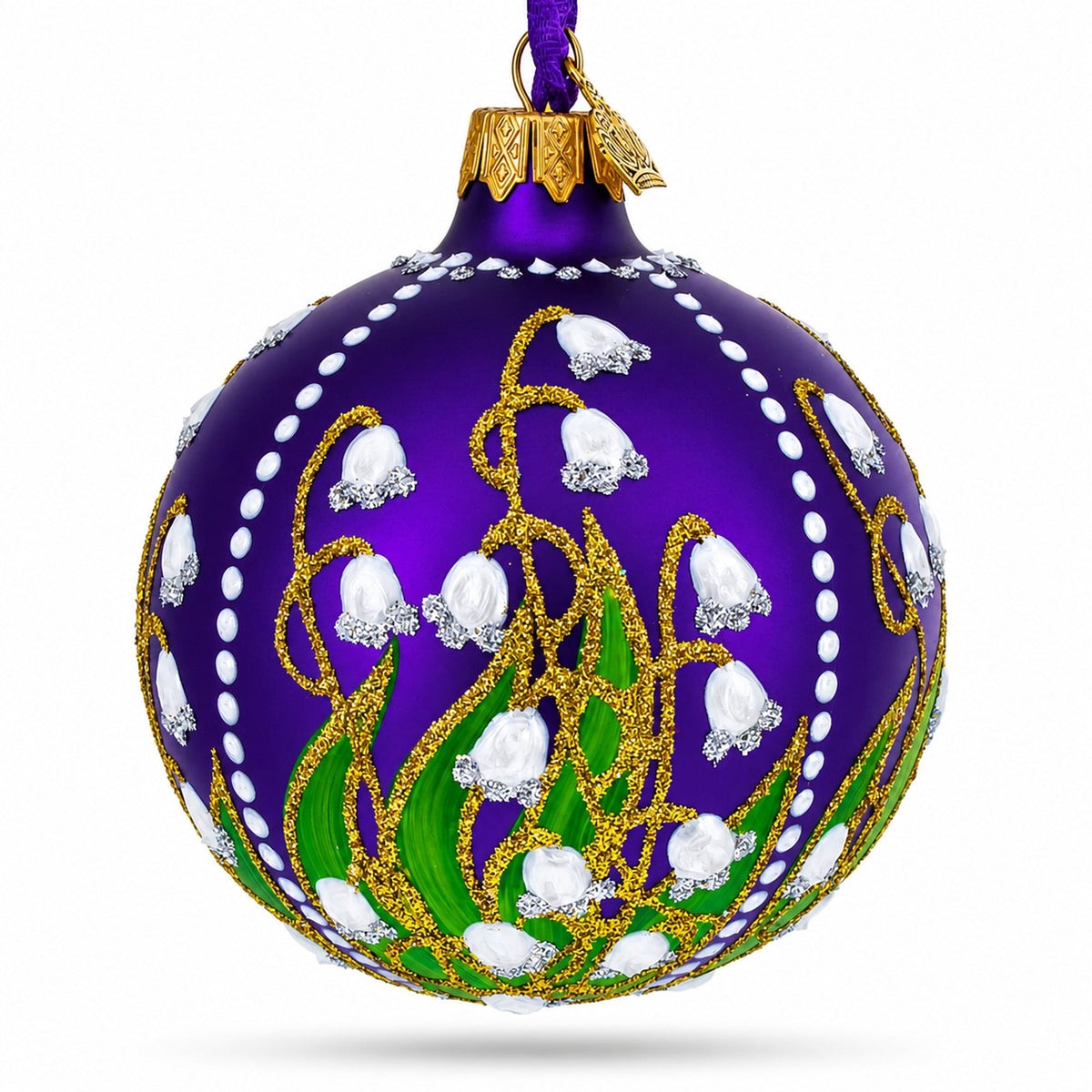 Lilies of the Valley on Purple Royal Glass Ball Christmas Ornament 3.25 Inches