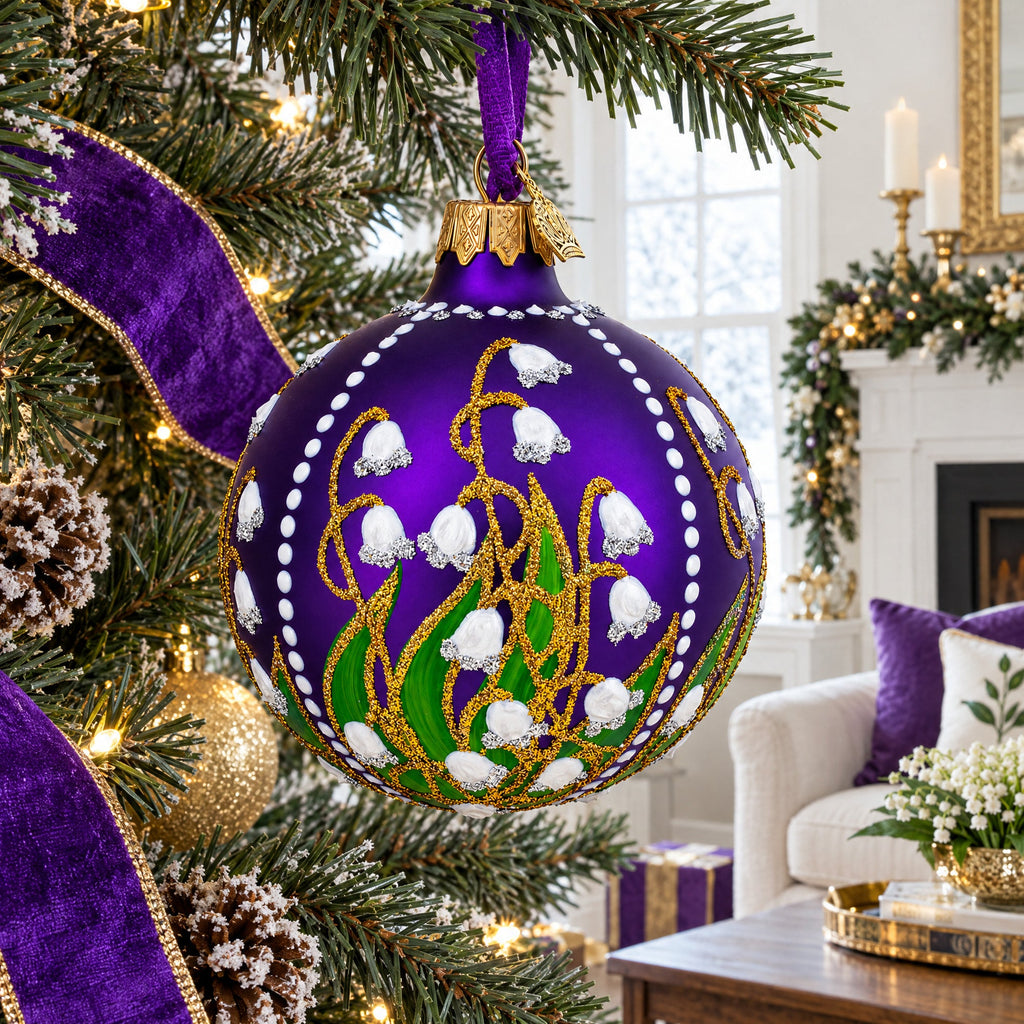 Lilies of the Valley on Purple Royal Glass Ball Christmas Ornament 3.25 Inches