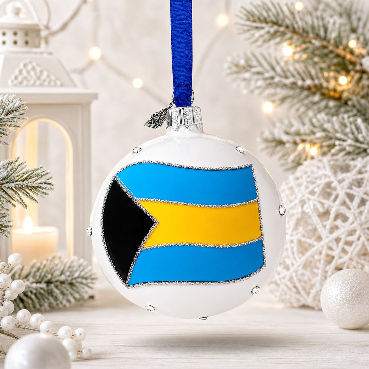 Flag of Bahamas Glass Ball Christmas Ornament 3.25 Inches