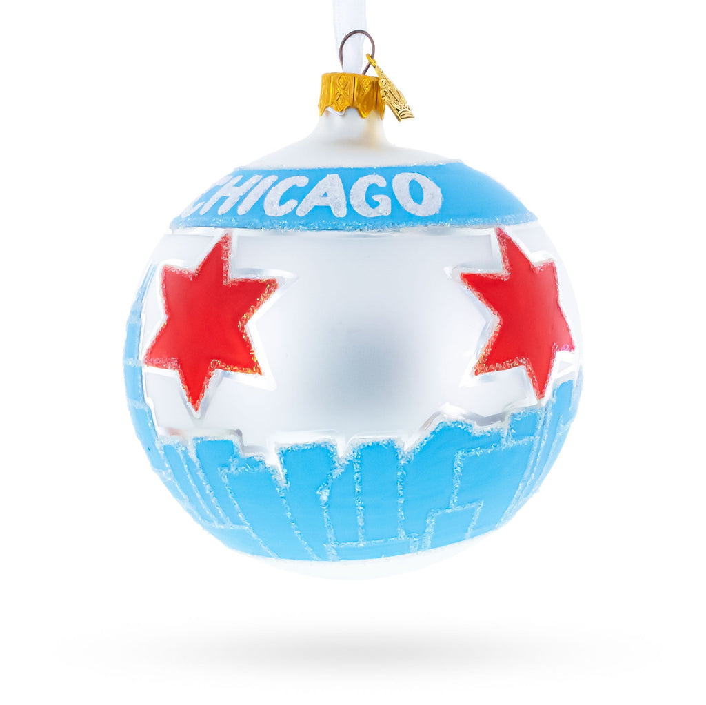 Chicago Cityscape and Flag Glass Ball Christmas Ornament 4 Inches