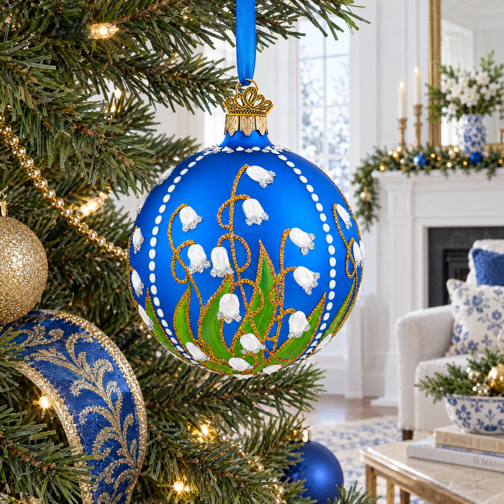 Lilies of the Valley on Blue Glass Ball Christmas Ornament 3.25 Inches