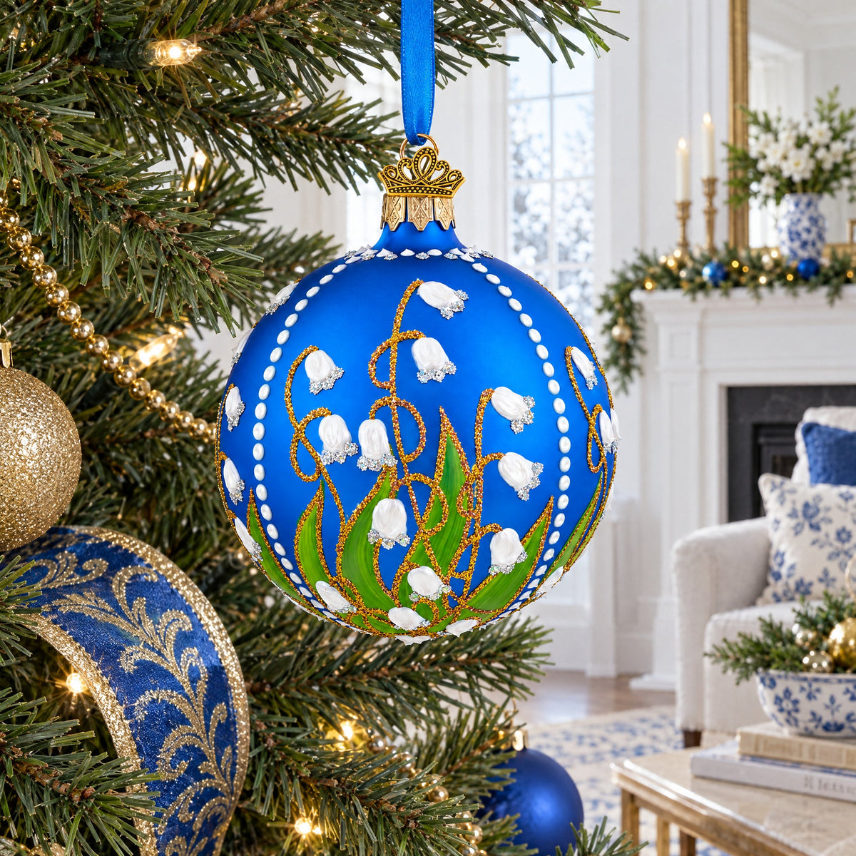 Lilies of the Valley on Blue Glass Ball Christmas Ornament 3.25 Inches