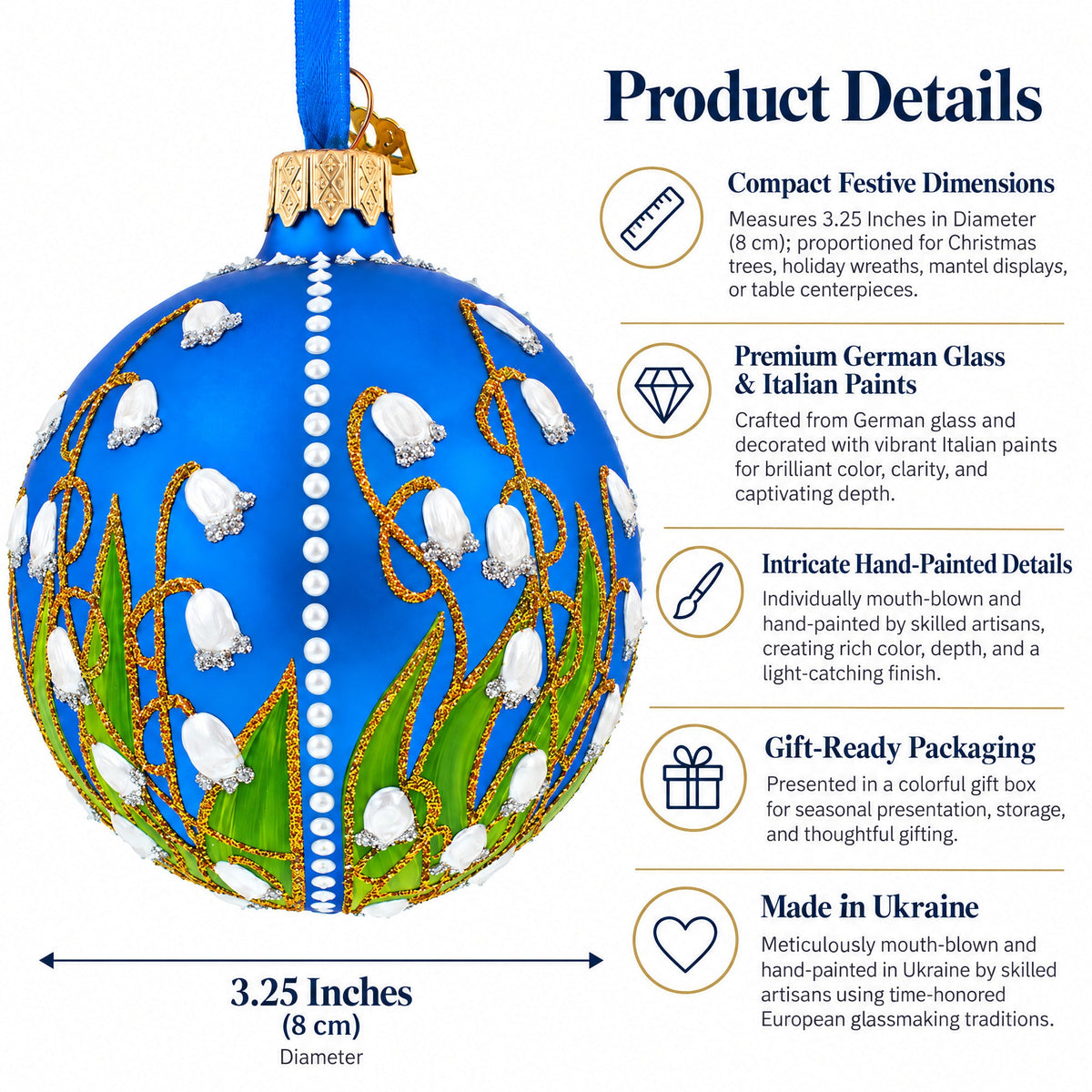 Lilies of the Valley on Blue Glass Ball Christmas Ornament 3.25 Inches