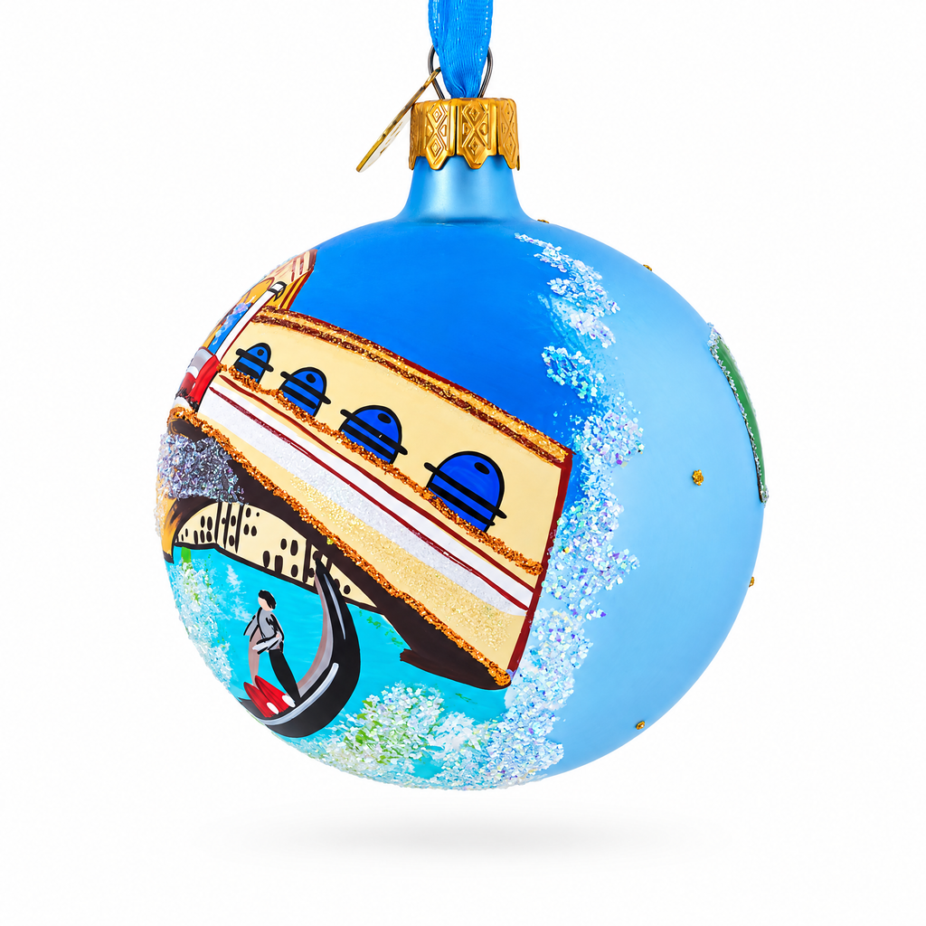Gondola under The Rialto Bridge, Venice, Italy Glass Ball Christmas Ornament 3.25 Inches