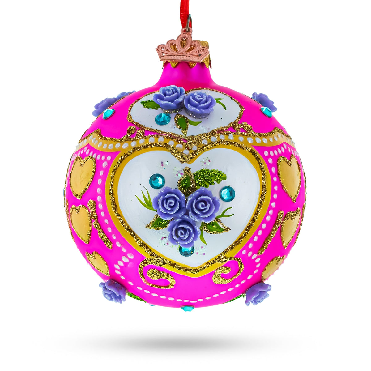 Roses on Pink Glass Ball Christmas Ornament 3.25 Inches