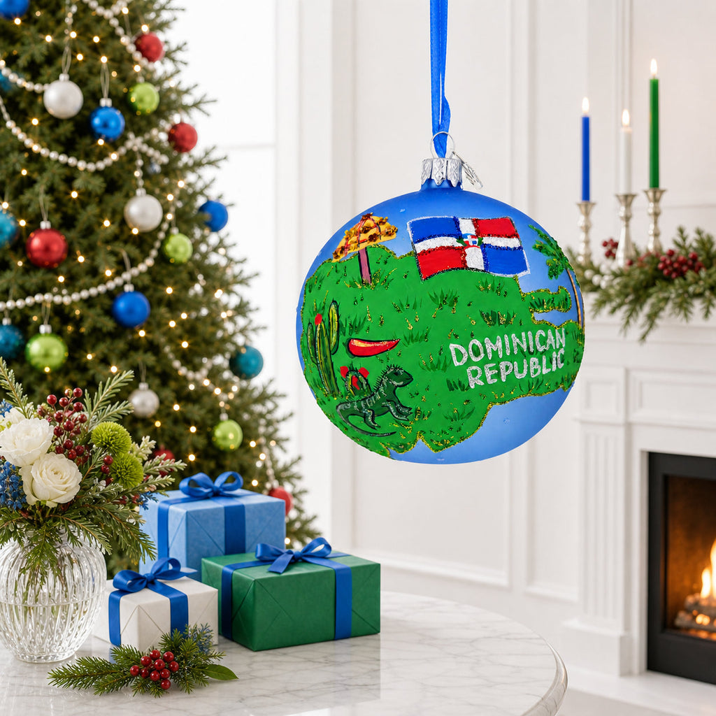 Dominican Republic Glass Ball Christmas Ornament 4 Inches