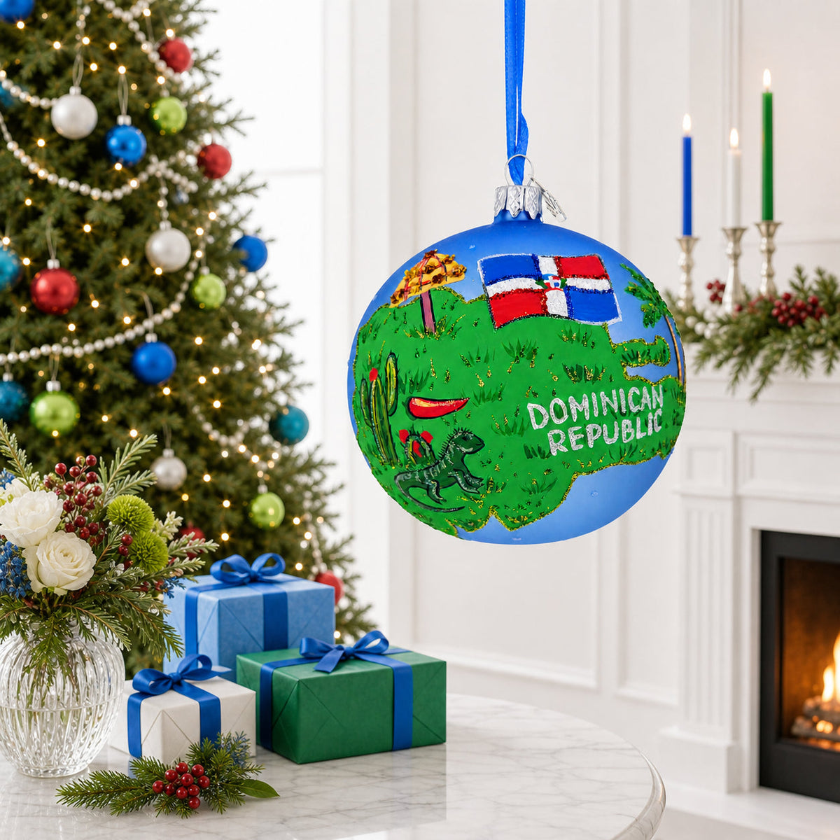 Dominican Republic Glass Ball Christmas Ornament 4 Inches