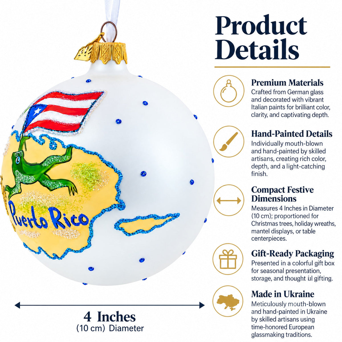 Travel to Puerto Rico Glass Ball Christmas Ornament 4 Inches