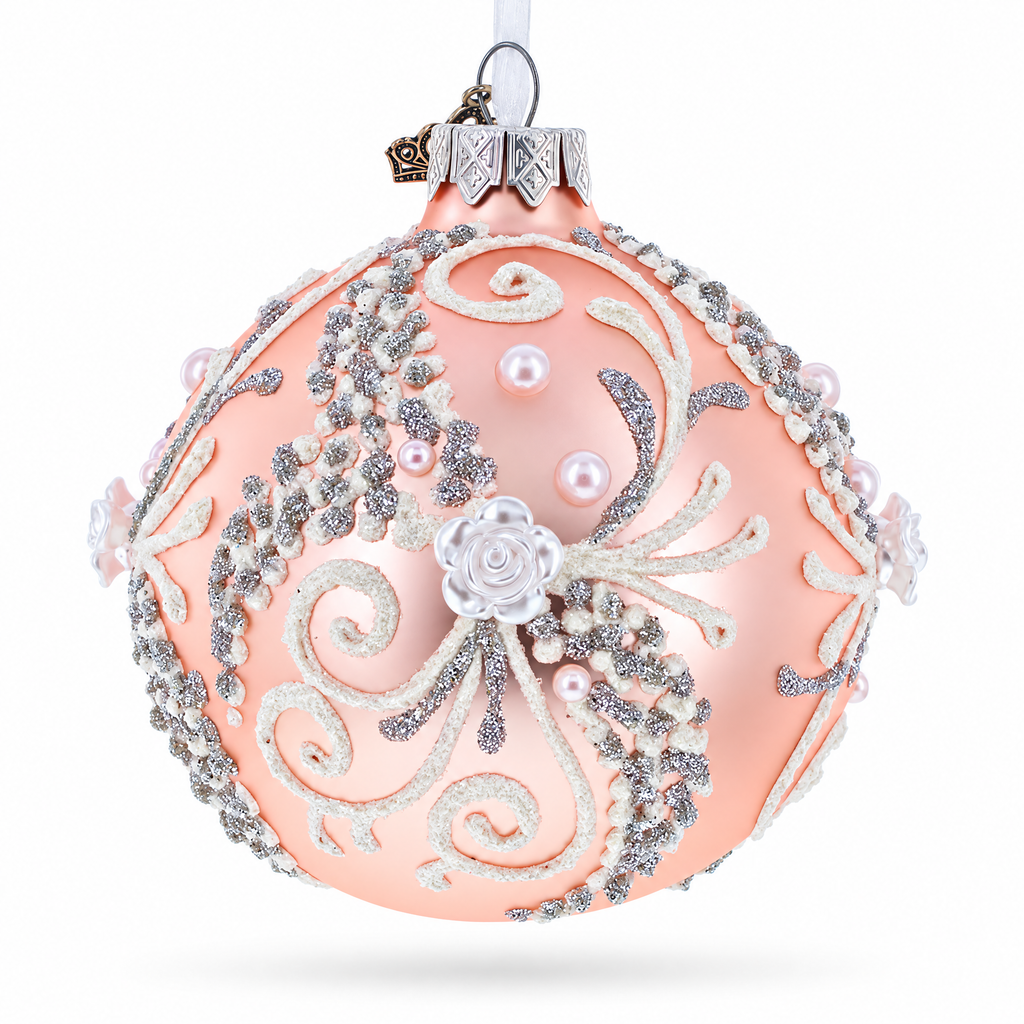 Snow Swirls on Metallic Rose Pink Glass Ball Christmas Ornament 3.25 Inches