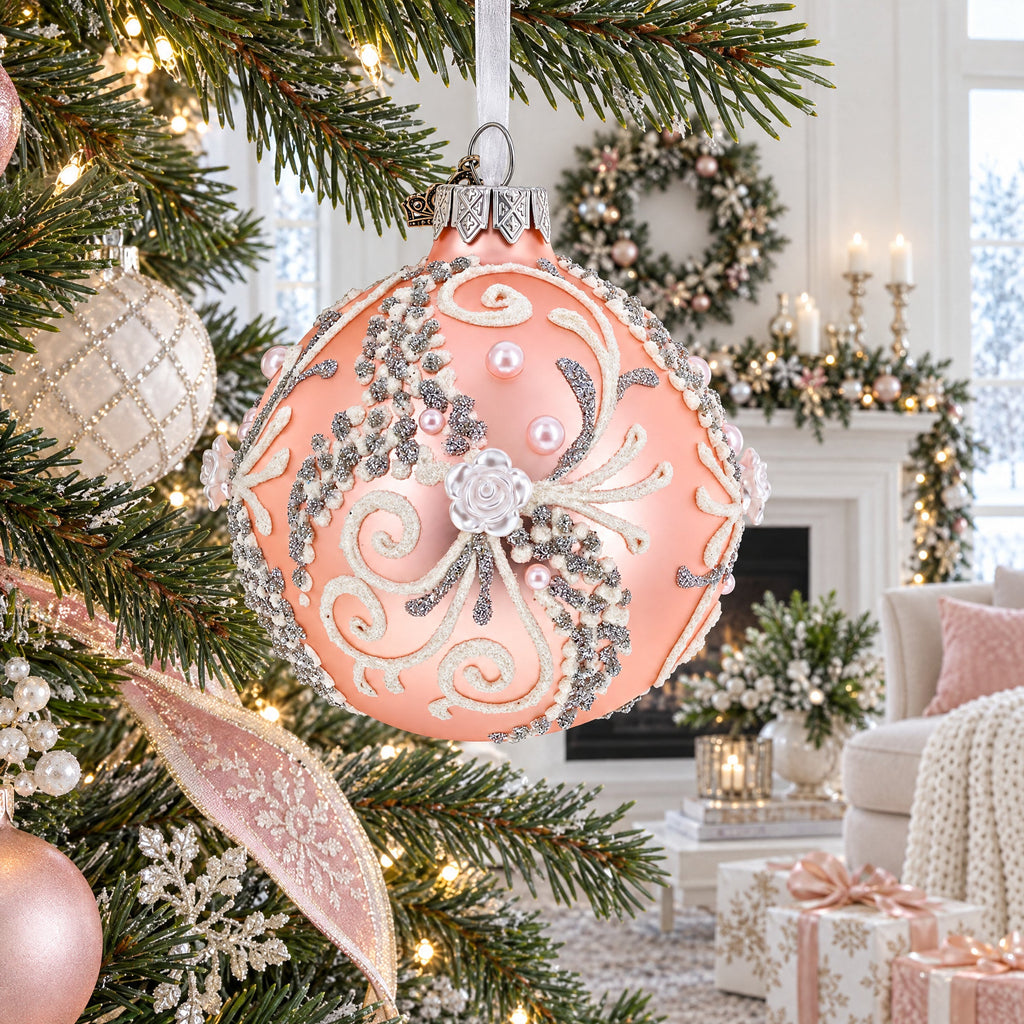 Snow Swirls on Metallic Rose Pink Glass Ball Christmas Ornament 3.25 Inches