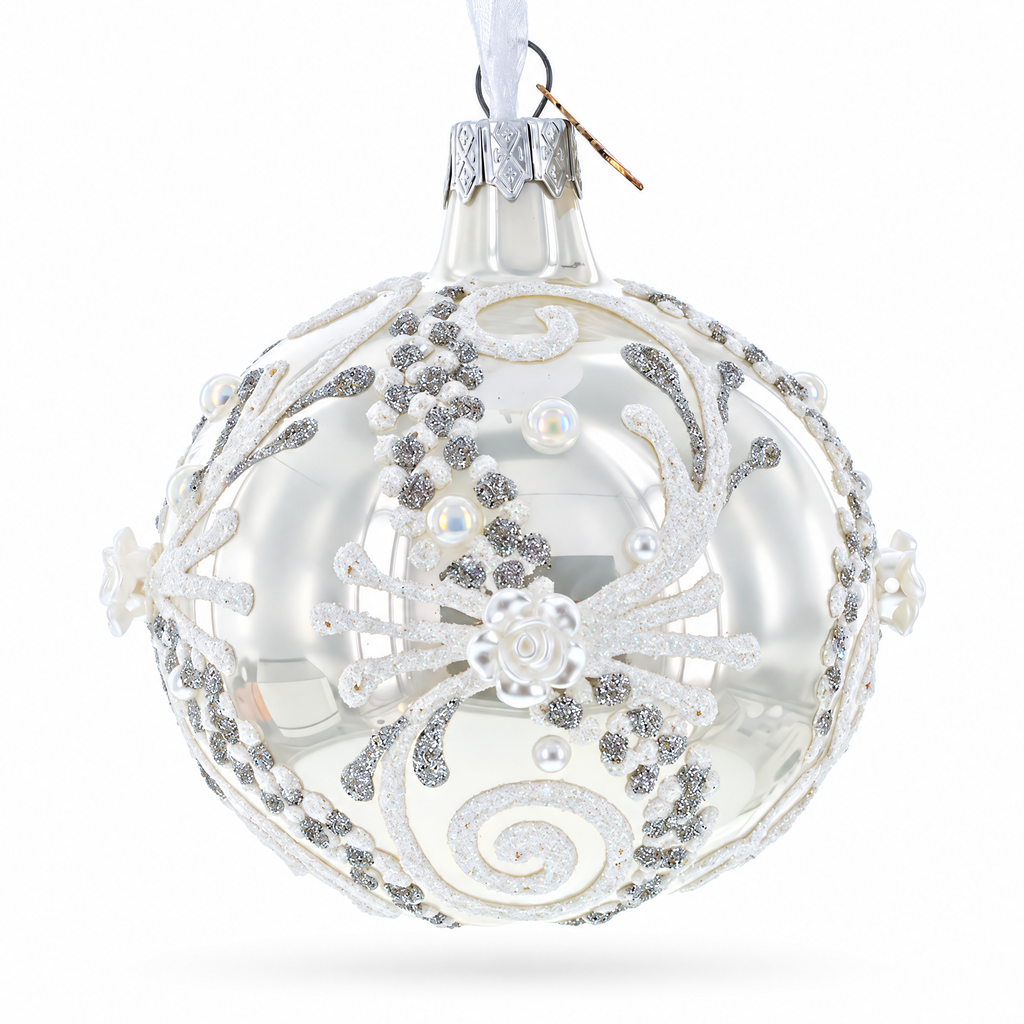 Snow Swirls on White Glass Ball Christmas Ornament 3.25 Inches