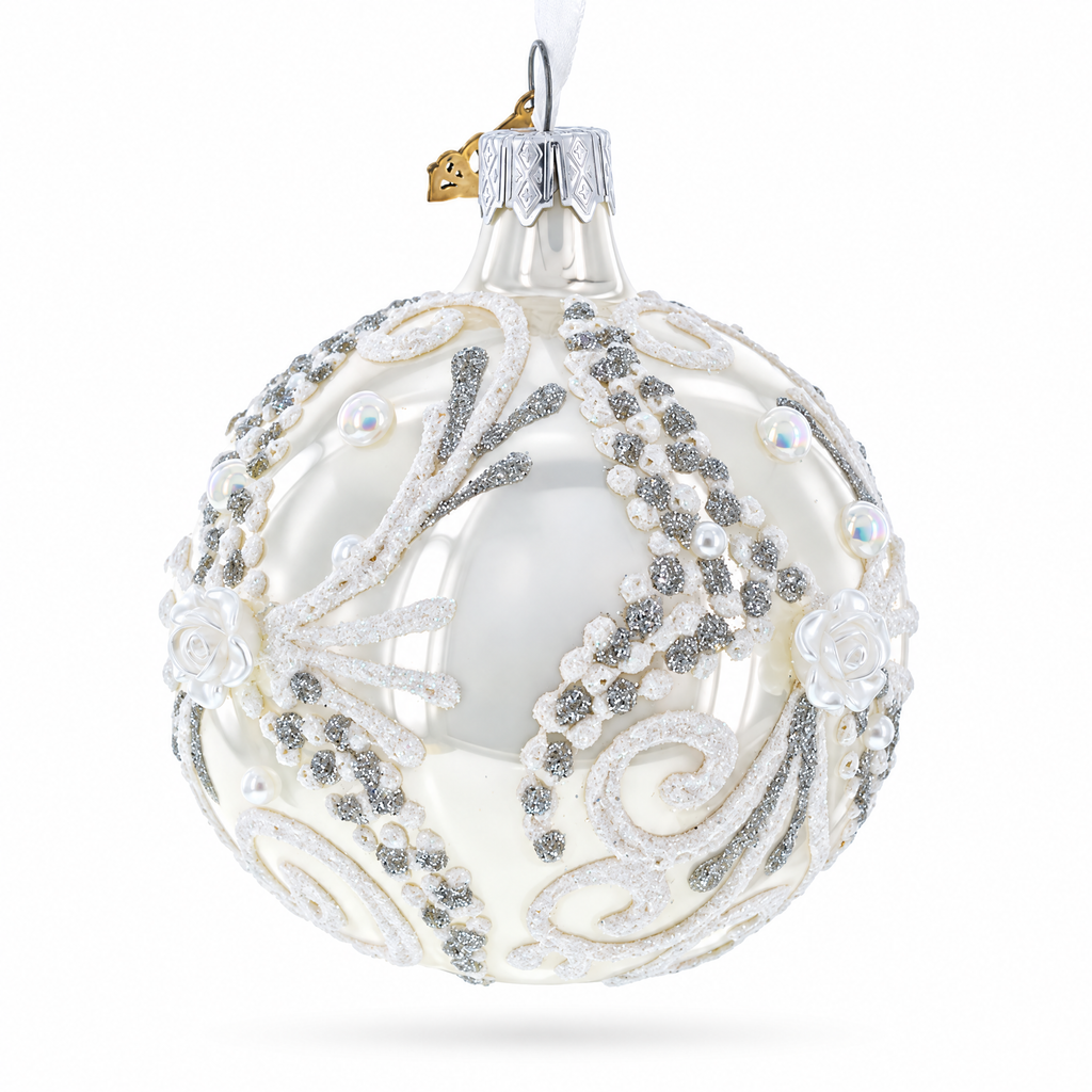 Snow Swirls on White Glass Ball Christmas Ornament 3.25 Inches