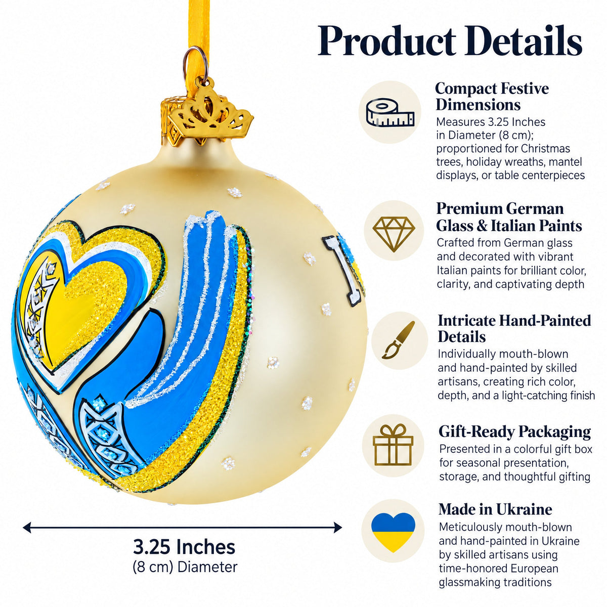 Ukraine in my Heart Glass Ball Christmas Ornament 3.25 Inches