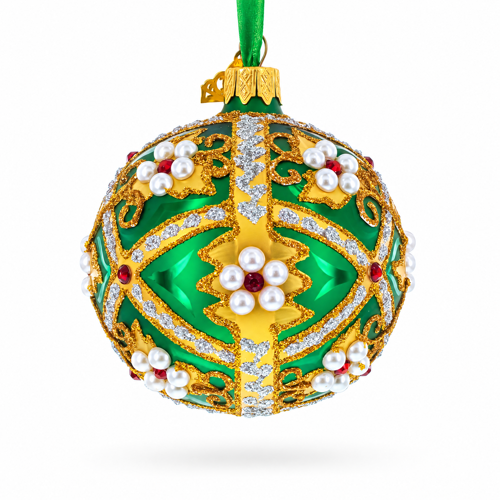 Jewels on Green Glass Ball Christmas Ornament 3.25 Inches