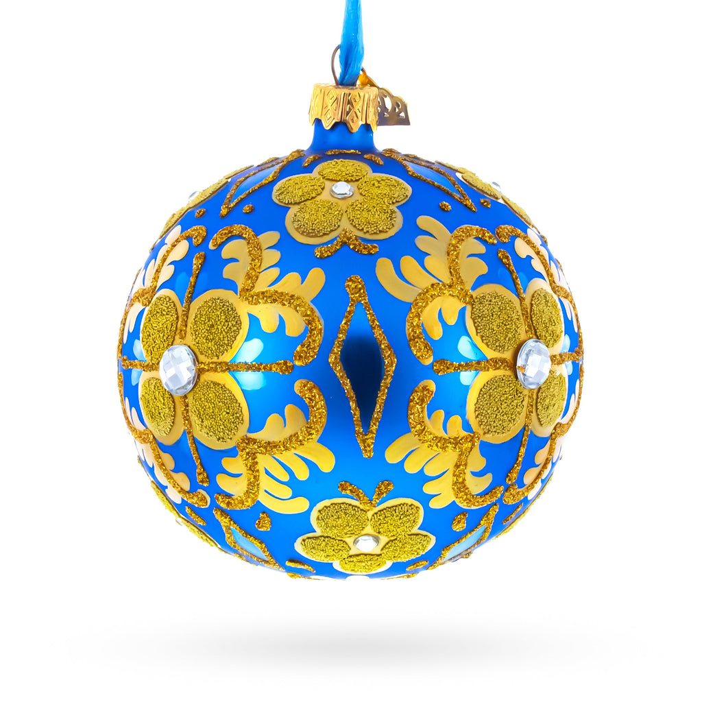 Jeweled Golden Leaves on Blue Glass  Ball Christmas Ornament 4 Inches