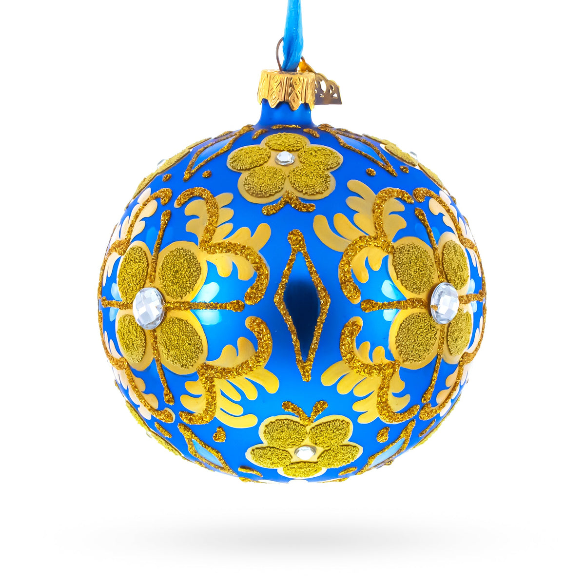 Jeweled Golden Leaves on Blue Glass  Ball Christmas Ornament 4 Inches