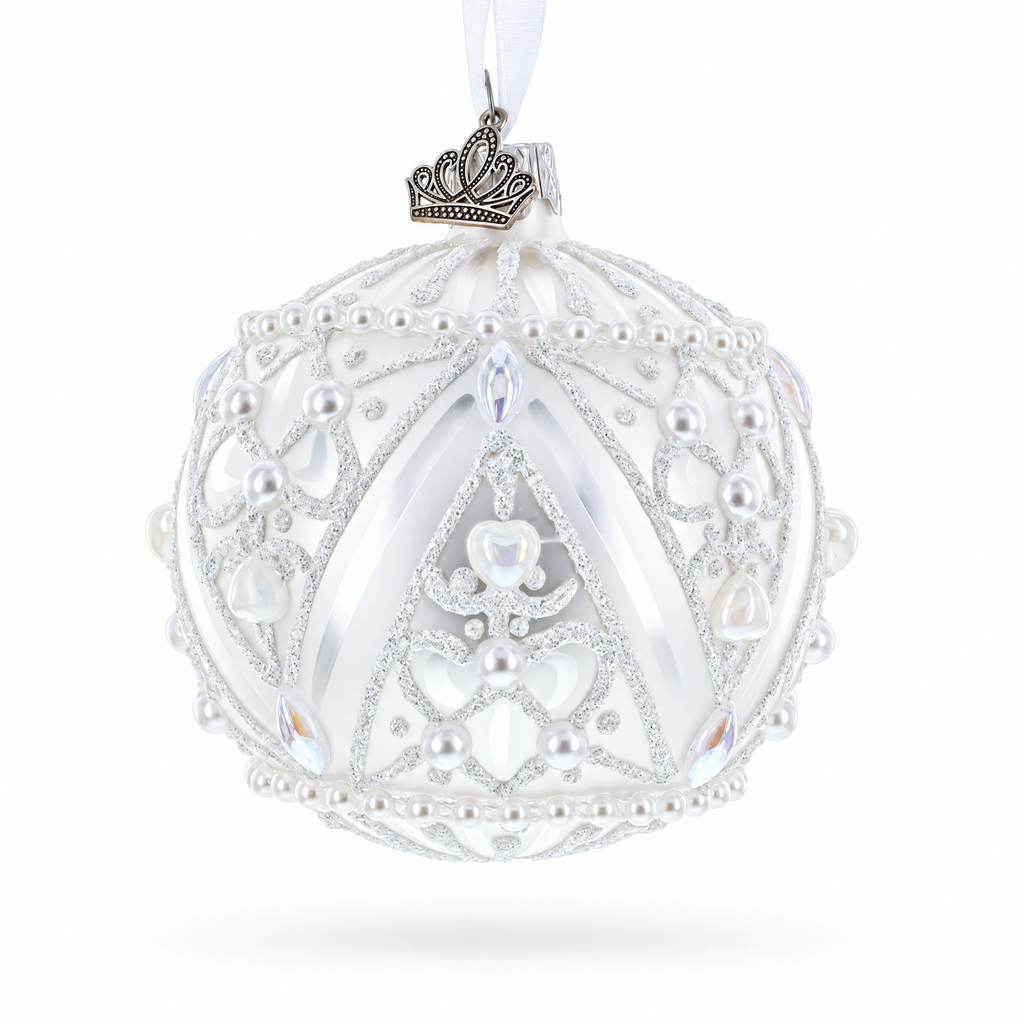 Dimensional Pearl Drops on White Ball Glass Christmas Ornament 3.25 Inches