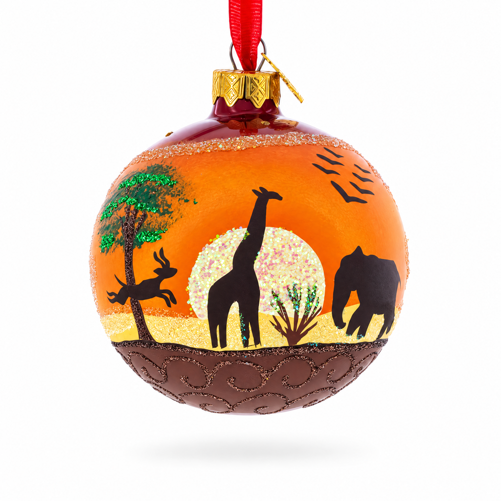 African Sunset with Giraffe and Tree Glass Ball Christmas Ornament 3.25 Inches