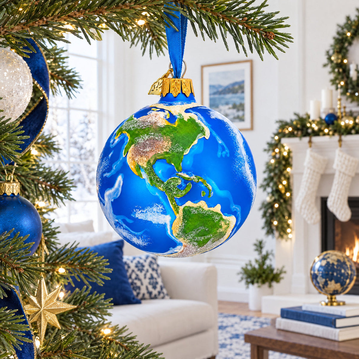 Planet Earth Globe Glass Ball Christmas Ornament 3.25 Inches