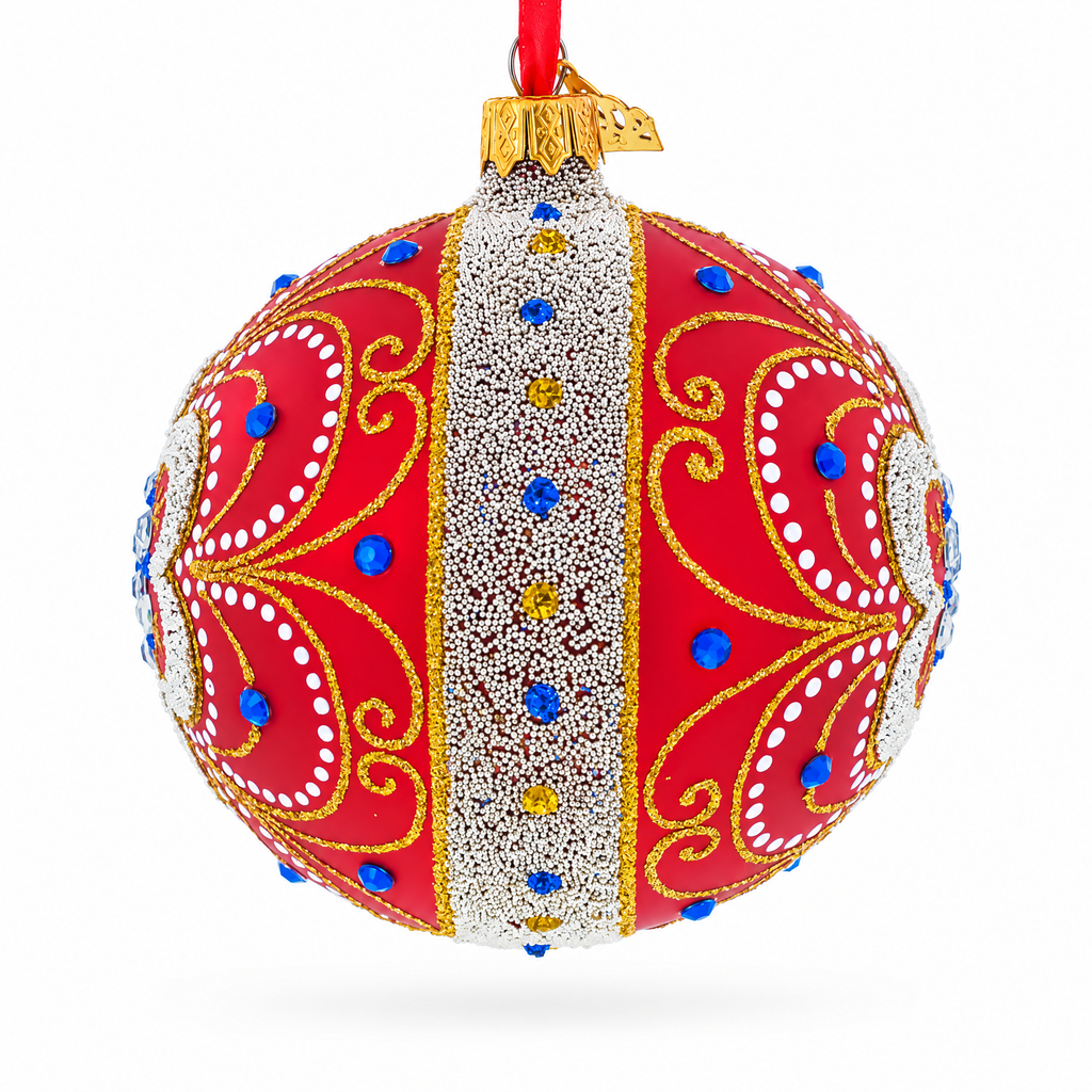 Baroque Filigree with Gemstones on Red Glass Ball Christmas Ornament 4 Inches