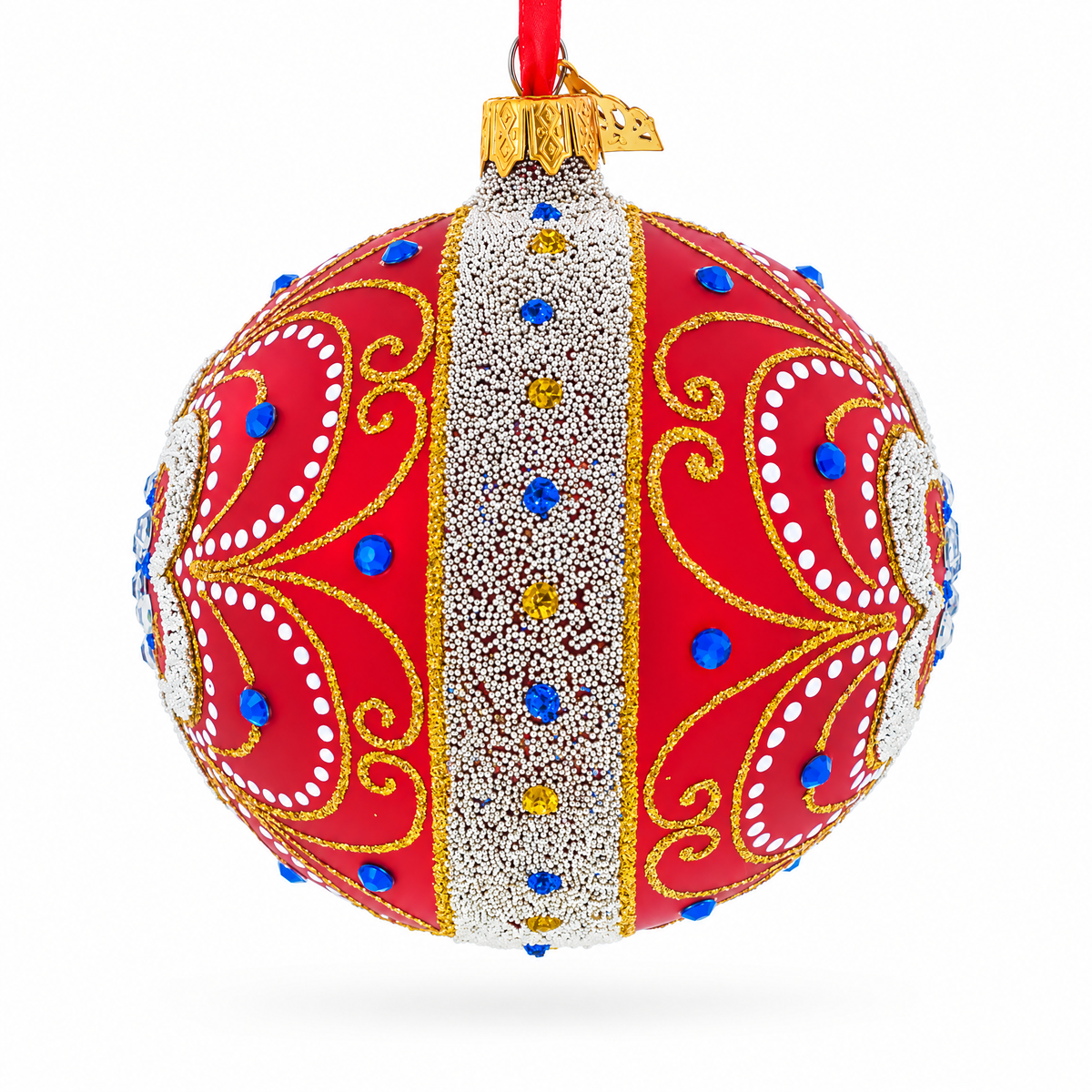 Baroque Filigree with Gemstones on Red Glass Ball Christmas Ornament 4 Inches