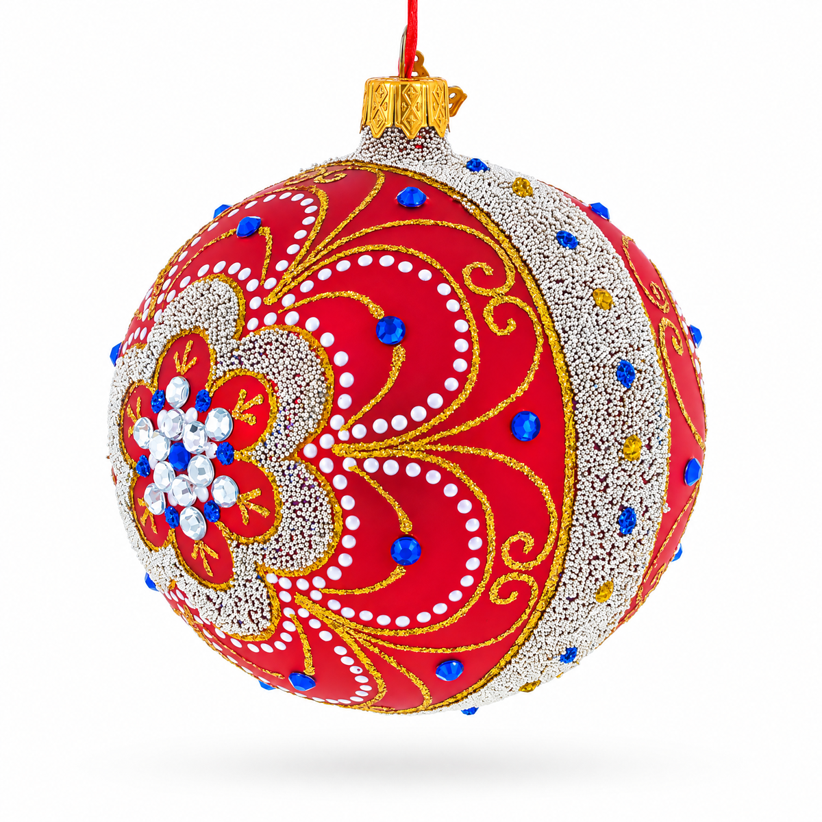 Baroque Filigree with Gemstones on Red Glass Ball Christmas Ornament 4 Inches