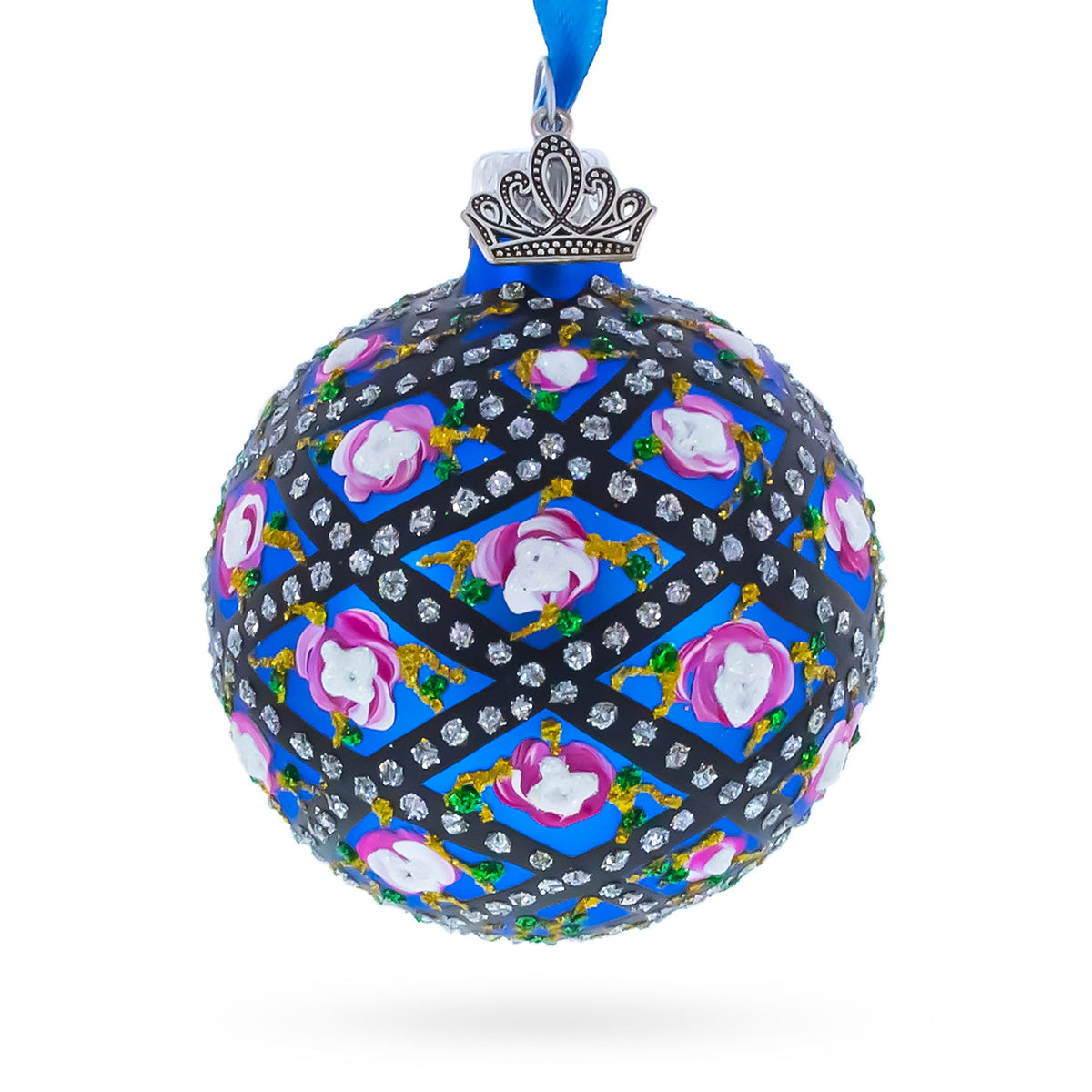 1907 Rose Trellis Royal Green Glass Ball Christmas Ornament 2.4 Inches