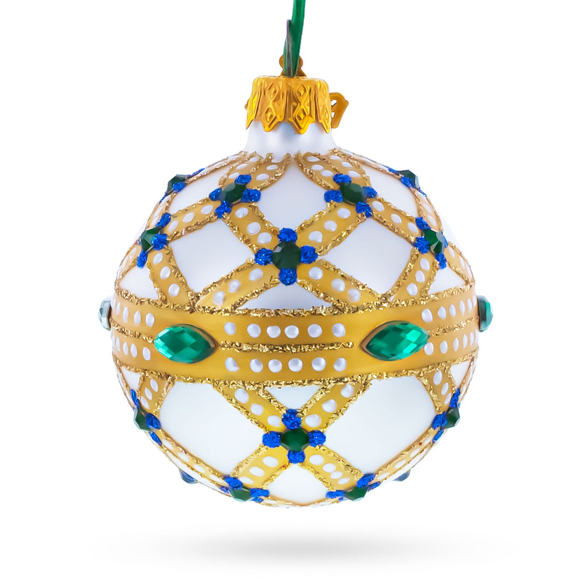 Yellow Trellis, Green Gems & Royal Blue Accents Glass Ball Christmas Ornament 2.4 Inches