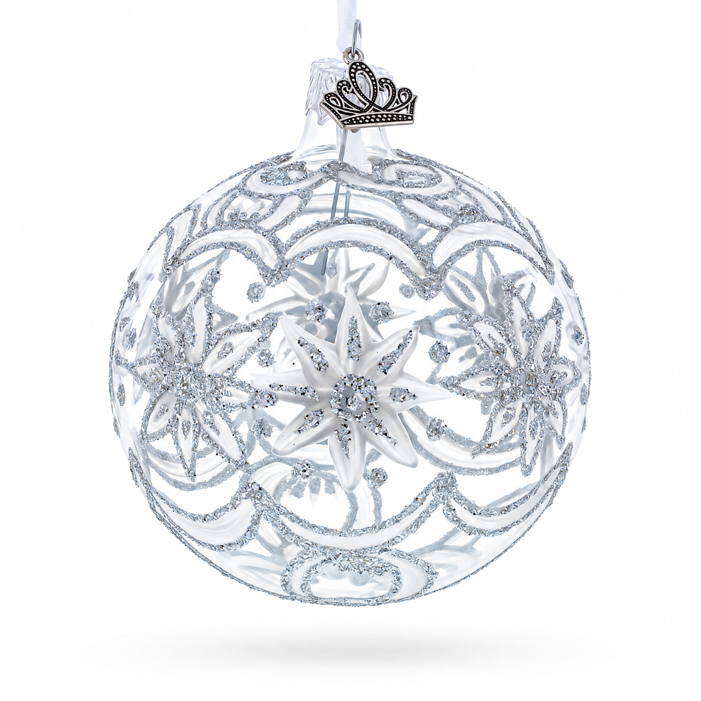 Frosted Silver Poinsettia Sparkle Glass Ball Christmas Ornament 3.25 Inches