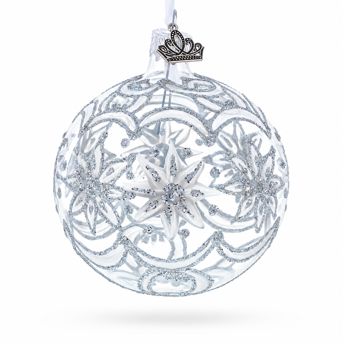 Frosted Silver Poinsettia Sparkle Glass Ball Christmas Ornament 3.25 Inches